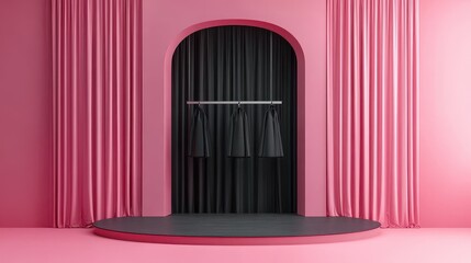 Wall Mural - Pink and Black Minimalist Stage with Curtains and Hangers