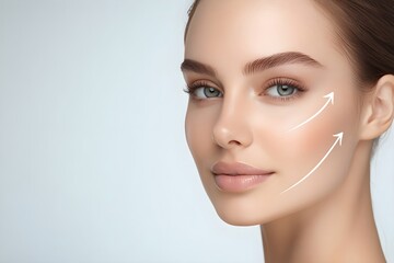 Wall Mural - Woman with perfect skin after cosmetic treatment with lifting arrows on her face on light background with copy space. Rhytidectomy procedure, facelift surgery, anti age treatment