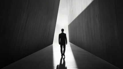 Man in Suit Walking Through a Narrow, Light-Filled Corridor