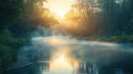 Poster - Misty Morning River with Golden Sunlight Through Trees