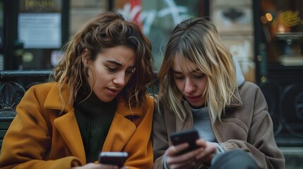 Two women sitting together on a bench engrossed in their phones in a modern urban setting