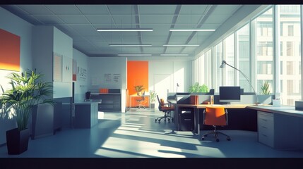 Poster - Modern Office Interior with Sunlight Streaming Through Windows