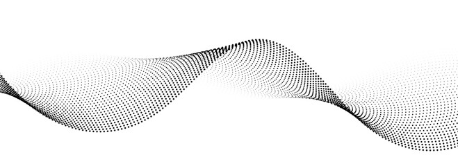 Poster - Dotted wave line background. Black halftone undulate pattern. Curved dashed gradient design element for poser, banner, presentation, booklet. Abstract flowing particle dot line wallpaper. Vector