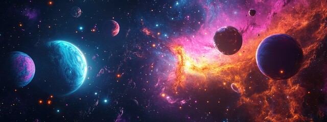 Aufkleber - Abstract multicolored space background featuring a 3D cartoon rendering a science fiction wallpaper showcasing a fantastic galaxy with an explosion of stars and planets in a distant solar system