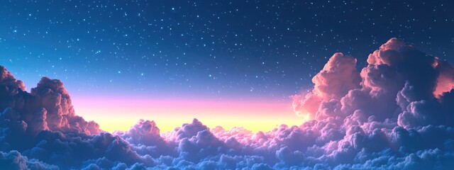 Poster - Night blue sky long exposure view with stars and mixed clouds in a 3D cartoon rendering