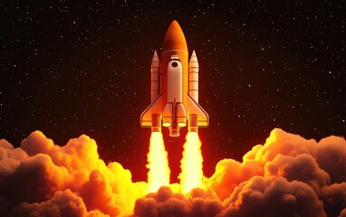 Aufkleber - Spaceship in orbit around Mars depicted in a 3D cartoon rendering with a space shuttle and clouds in the sky showcasing the exploration of the Red Planet
