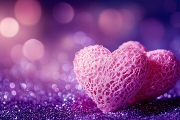 Two Soft Pink Hearts With Lace On Purple Glitter Background With Sparkles - Valentine's Day Concept with generative ai