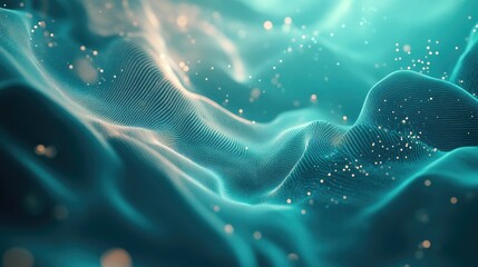 Poster - Abstract geometry on a turquoise background featuring plasma flow and particles in a 3D cartoon rendering