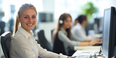 Aufkleber - Customer service team providing innovative solutions to client issues using advanced technology and personalized service in a modern office
