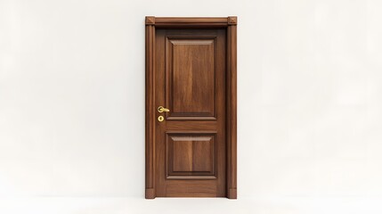 Wall Mural - 31. **A traditional solid wood door with brass hardware, isolated on a pristine white background.