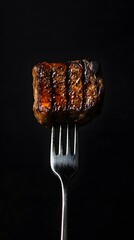 Wall Mural - Grilled Steak on a Fork Against a Black Background