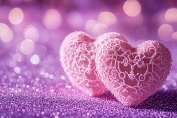 Two Soft Pink Hearts With Lace On Purple Glitter Background With Sparkles - Valentine's Day Concept with generative ai