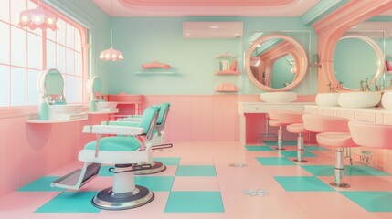 Pastel Pink and Mint Green Barbershop Interior