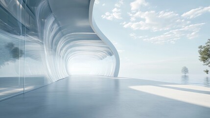 Poster - 3D rendering of an abstract futuristic glass structure featuring an open concrete floor