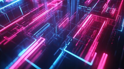 Poster - 3D rendering of an abstract minimalist background featuring vibrant glowing neon lines and geometric shapes creating a modern technological wallpaper