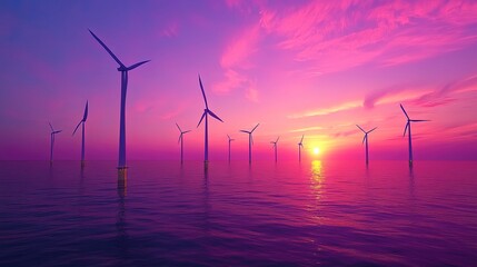 Offshore wind farm at dusk, silhouettes of turbines, glowing horizon