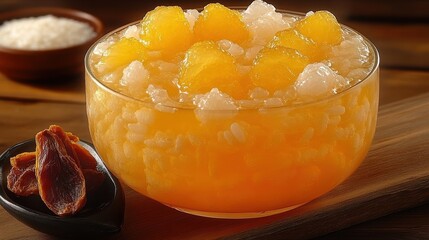 Refreshing bowl of chilled mango sago, topped with ice and served with dried fruits on a wooden table for a sweet tropical dessert