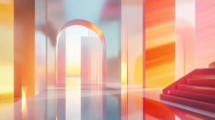 Poster - Abstract architectural interior featuring a gradient geometric glass sculpture presented through 3D illustration and rendering