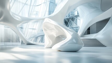 Poster - Abstract architectural interior featuring a white sculpture and geometric glass elements created through 3D illustration and rendering techniques