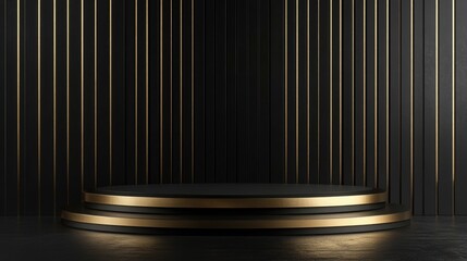 Poster - Abstract black and gold podium design for product showcases featuring a modern stage platform in a 3D rendering style
