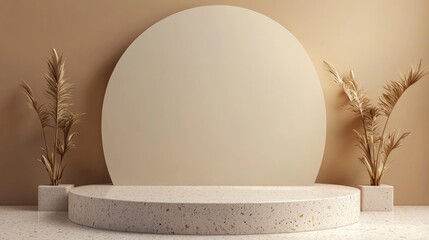 Aufkleber - 3D rendering of a blank mockup terrazzo curved podium against a beige circular background wall