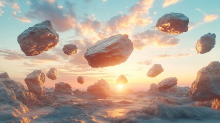 Canvas Print - Surreal Landscape with Floating Rocks and Sunset Sky