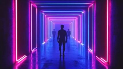 Poster - Abstract dark background featuring an empty scene illuminated by ultraviolet light with neon light figures prominently displayed in the center