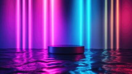 Aufkleber - 3D Illustration of vibrant light on water surface and pedestal Colorful illumination Horizontal