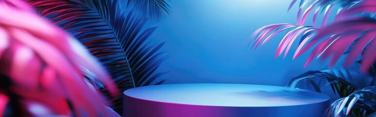 Poster - 3D render of an abstract podium display featuring tropical leaves and a blue pastel plant scene Concept for product promotion and advertising with a blue pastel natural background