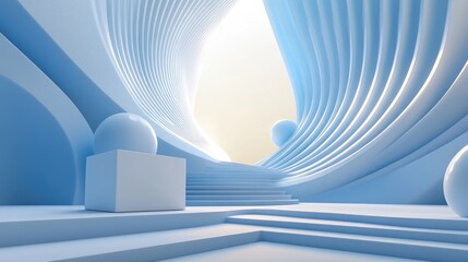 Poster - Abstract geometric background featuring direct sunlight and blue wavy spheres Includes an empty podium platform cube and steps for a presentation 3D rendering