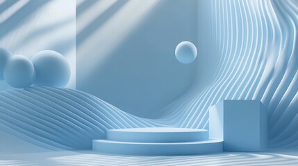 Poster - Abstract geometric background featuring direct sunlight and blue wavy spheres Includes an empty podium platform cube and steps for a presentation 3D rendering