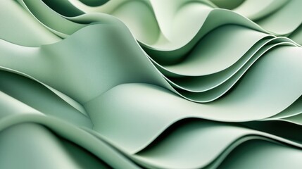 Poster - Abstract green backdrop featuring curved folded paper textures Close up of layered fabric design in three dimensional rendering