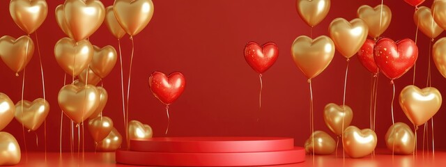 Poster - 3D abstract love themed background featuring a red podium surrounded by golden heart shaped balloons Minimalistic display in red and gold tones suitable for various celebrations 3D illustration