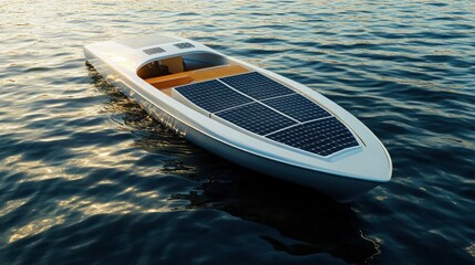 Solar-powered boat, gliding on water, sunny day, gentle waves