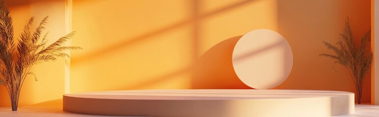 Poster - 3D rendering of vacant podiums set against a light orange backdrop An abstract scene suitable for product mock up templates
