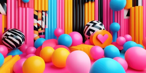 Poster - 3D render of an abstract geometric background featuring vibrant colorful primitive shapes