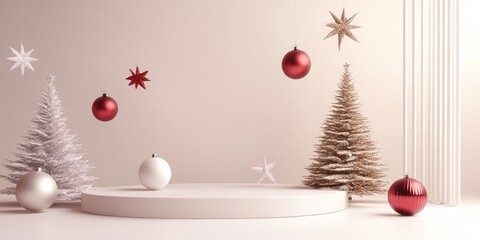 Aufkleber - 3D render illustration featuring festive elements like Christmas ornaments stars and a Christmas tree on a product display platform Winter themed decor with a minimalistic design for the holiday se