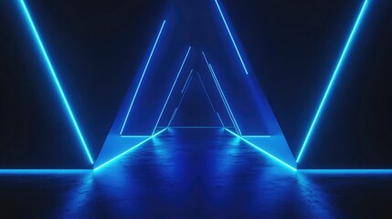 Poster - 3D rendered black geometry illuminated by blue gradient neon lights against a dark backdrop