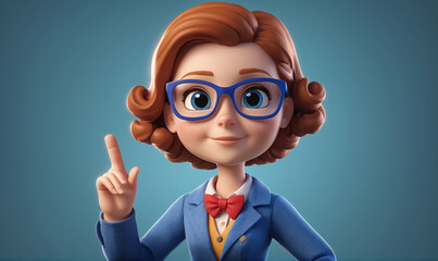 A cartoon woman with glasses and a bow tie points her finger to the side, smiling brightly