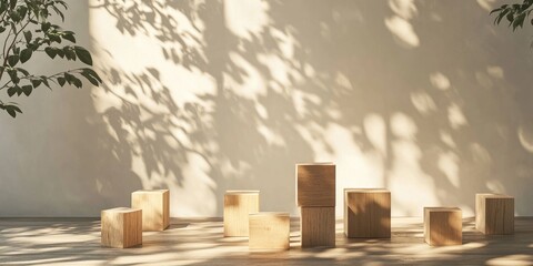 Poster - 3D rendering of wooden cube blocks with tree shadows in a room