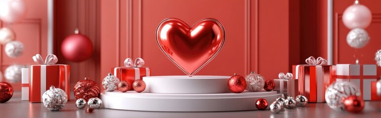 Poster - 3D rendering of a heart on a podium surrounded by decorative gift boxes and ornaments