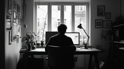 Aufkleber - Silhouette of a Person Sitting at a Desk in Front of a Window
