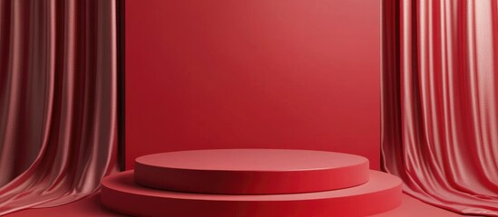 Poster - 3D rendering of a minimalist display backdrop for cosmetic products featuring a sleek red podium