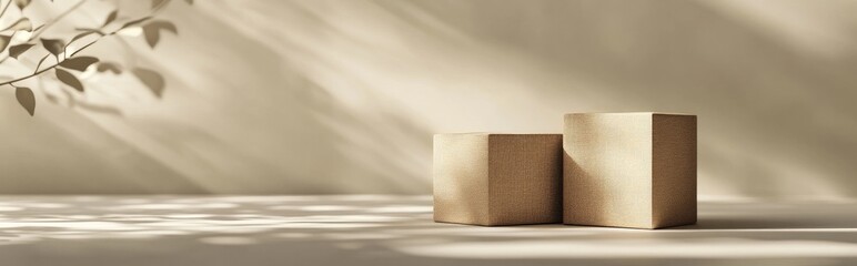 Poster - 3D rendering of a minimalistic background featuring two brown fabric boxes