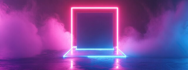 Fototapete - 3D rendered abstract backdrop featuring a square portal illuminated lines neon lights a virtual reality arch and vibrant pink and blue spectrum colors resembling a laser show with a blank space an