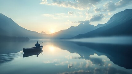  Solitary Figure Paddling a Canoe on a Calm Lake at Sunrise