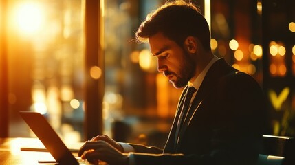 Poster - Man in Suit Using Laptop with Window Light Behind Him