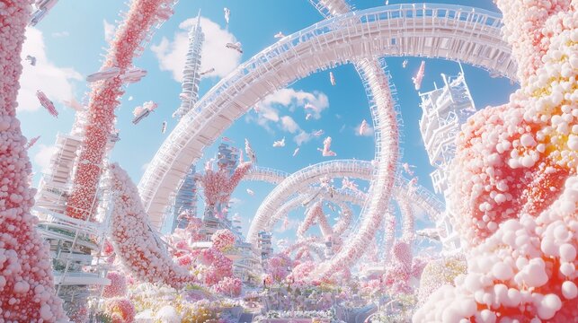 Futuristic Cityscape with Pink Organic Structures and Blue Sky