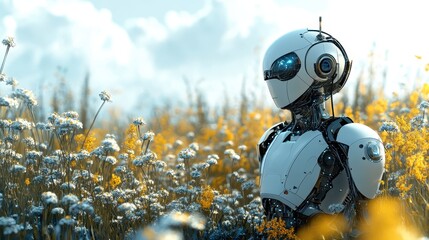 Canvas Print - Futuristic Robot in a Field of Flowers