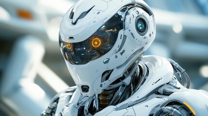 Poster - Futuristic Robot Head Closeup with Glowing Eyes and Detailed Design